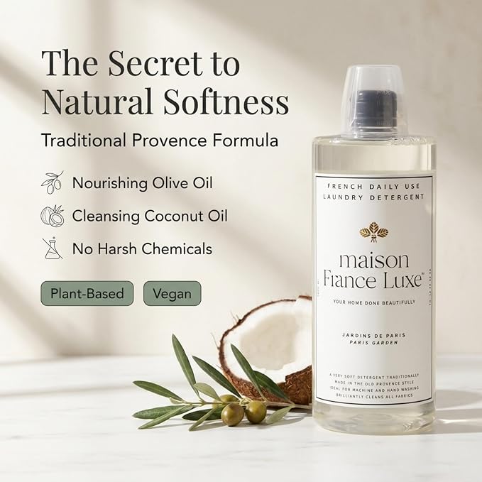 French Laundry Detergent, Plant Based Laundry Soap With Olive Oil and Coconut Oil for Machine or Hand Wash, Daily Use Formula for Colors and Whites, Paris Garden, 34 Fl Oz