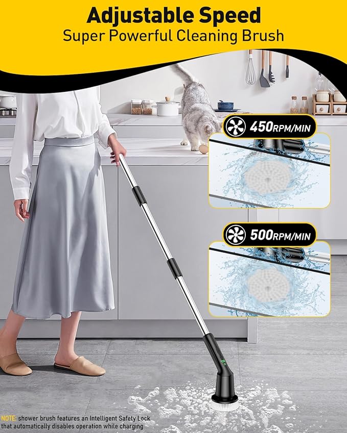 Shower Scrubber with Long Handle, Bathroom Cleaner Brush with IPX7 Waterproof, Cordless Electric Spin Scrubber for Cleaning with 2 Speed, Cleaning Supplies for Bathtub Kitchen Floor Tile Toilet