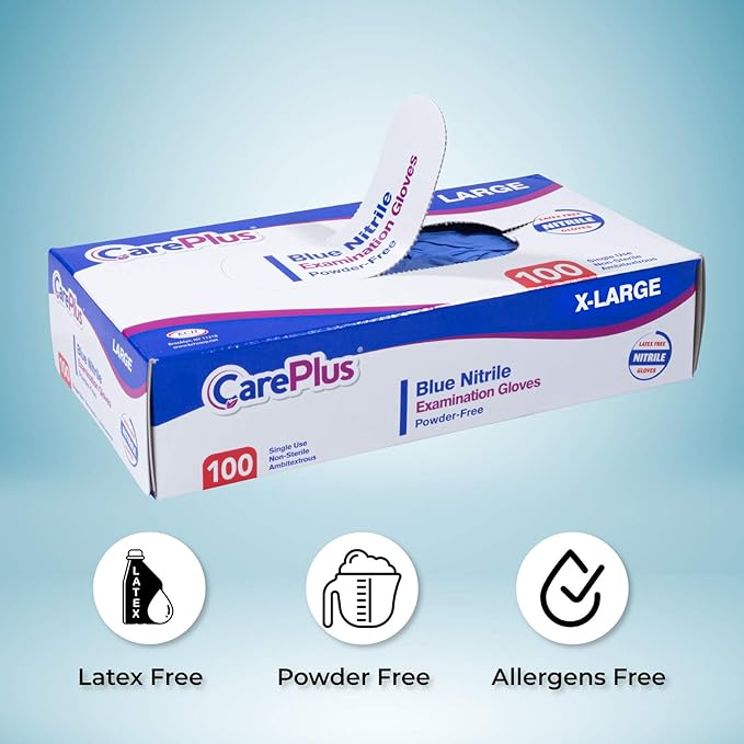 CARE PLUS Nitrile Gloves for Medical Use - Powder & Latex-Free - Black/Blue - S, M, L, XL - 100, 200, 1000