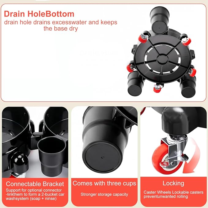Heavy-Duty Bucket Dolly with Wheels,5 Gallon Bucket Roller with Locking Casters & Secure Clamp,Rolling Bucket Cart for Cleaning, Gardening,Industrial Use,300Lbs,Equipped with three detachable brackets