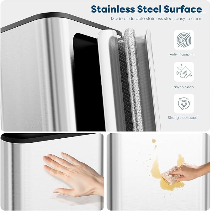 8 Gal/13.2 Gal Stainless Steel Kitchen Trash Can, Step Garbage Can with Soft-Close Lid & Removable Inner Bucket, Fingerprint-Proof Waste Bin with Wide Non-Slip Pedal for Home Office Bathroom
