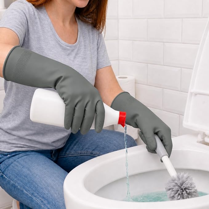 Rubber Cleaning Gloves, Waterproof Non-Slip Long Cuff Dishwashing Household Kitchen Gloves, Gray+Green, Medium, 3 Pairs