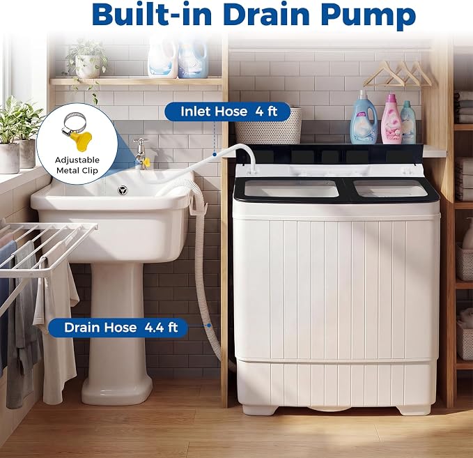 Giantex Portable Washing Machine, 26LBS Twin Tub Mini Compact Laundry Washer Spinner Combo with Drain Pump, 18Lbs Washer and 8Lbs Spinner for Apartments, RVs, Dorms, Black+White