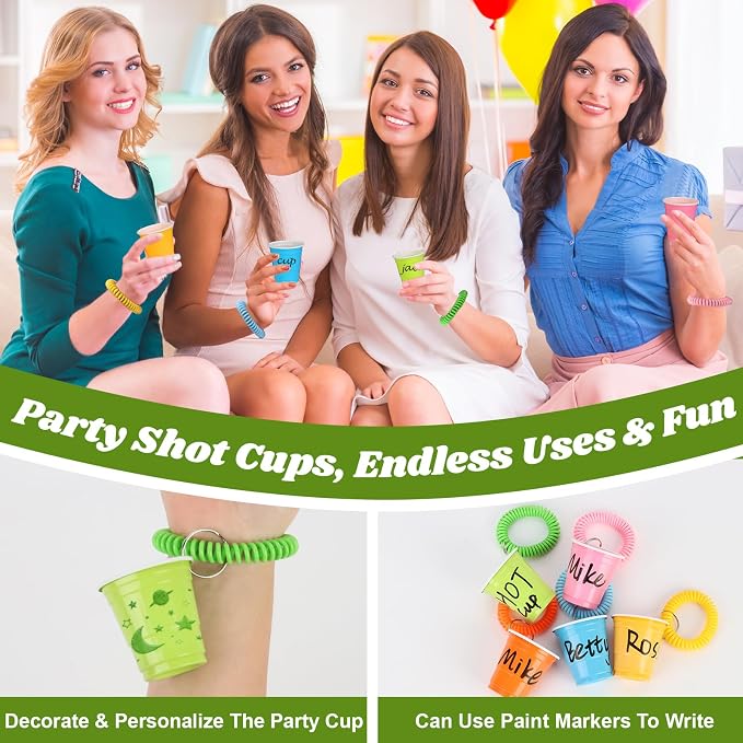 30 Pcs Multi Colors Shot Cups with Wristband for Party 2oz Plastic Shot Glasses Disposable Mini Shot Glasses Bulk with Wrist Coil 2oz Solo Cups for Festival Birthday Favor Carnival Party Supplies