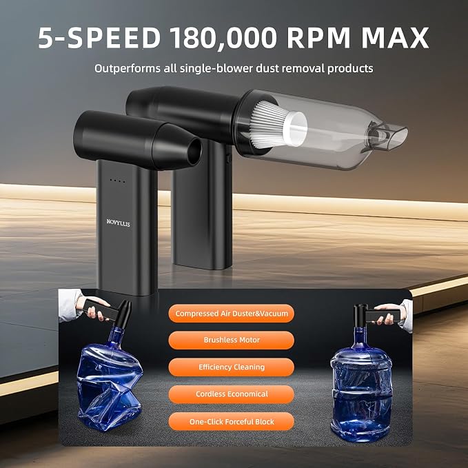 Electric Compressed Air Duster Mini Blower Cordless with Computer Vacuum Cleaner kit Lighting 180,000 RPM 5 Speed Handheld 3 in 1 USB-C for pc Keyboards Home Car BBQ Grill