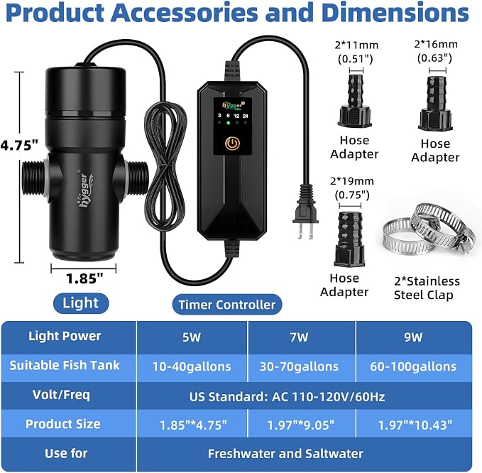 hygger 5W Aquarium U-V Light with Timer, 360° Protective Shield Clean Light for Crystal Clear Green Water, Submersible Fish Tank Cleaner for 10–40 Gallon Freshwater & Saltwater Aquariums