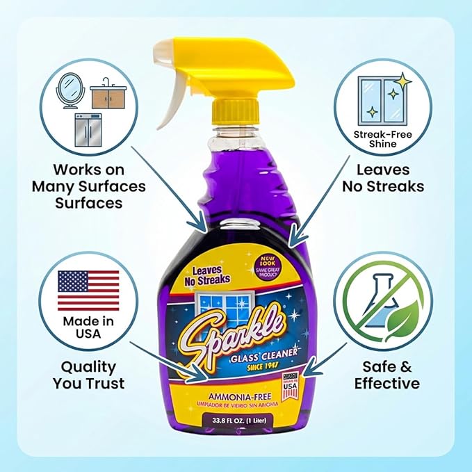 Sparkle Glass Cleaner, Ammonia-Free Streak-Free Formula, 33.8 fl oz Spray Bottle, Safe for Windows, Mirrors & Glass Surfaces (Pack of 4)
