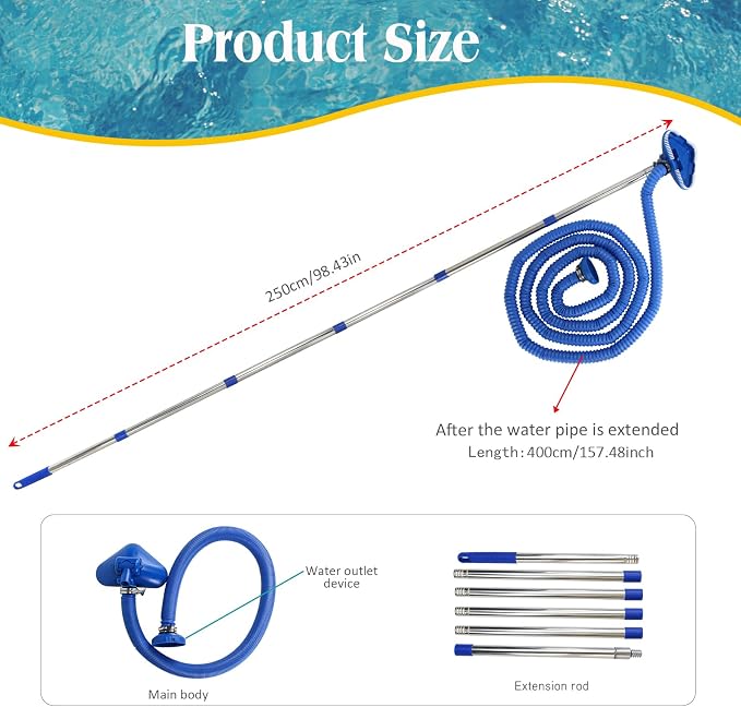 Magoog Pool Vacuum Cleaner for Smaller Pools, “Non-Electric” Power by Filter Pump, 13FT Extendable Pipe, 8FT Telescopic Pole, Vacuum Cleaner for Compact Above-Ground Pool