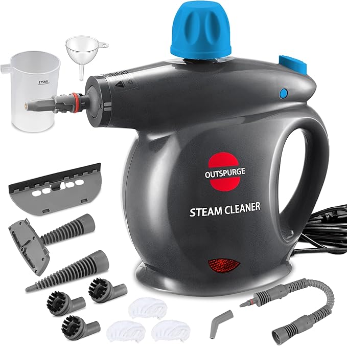 Handheld Steam Cleaner, Pressurized Multi-Surface Steam Shot with 13 Accessories, Safety Lock, Steamer for Cleaning Floor, Upholstery, Grout, Windows, Couch and Car, Grey