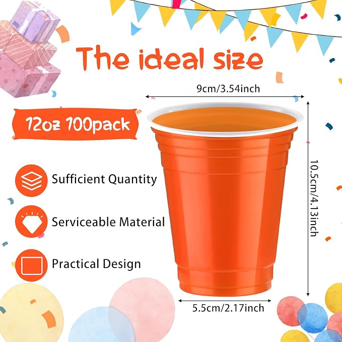Sabary 100 Pack 12oz Plastic Cups Orange Graduation Heavy Duty Drinking Disposable Cups with Lines for Beverage Wedding Holiday Camping Barbecues Birthday Party Summer Outdoor Picnic