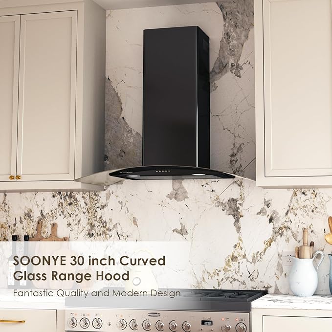 30 Inch Black Range Hood Wall Mounted Curved Glass Range Hoods with 450 CFM, Stainless Steel kitchen Ductless/Ducted Convertible with 3 Speed Controls, Permanent Baffle Filters and 2 LED Lights