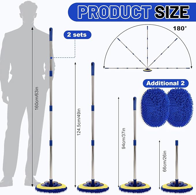 2 Pack 360° Spin Mop with 2 Microfiber Mop Refills, Extendable 63" Stainless Steel Handle for Easy Floor, Ceiling, Wall & Window Cleaning, Household Mops(Blue)