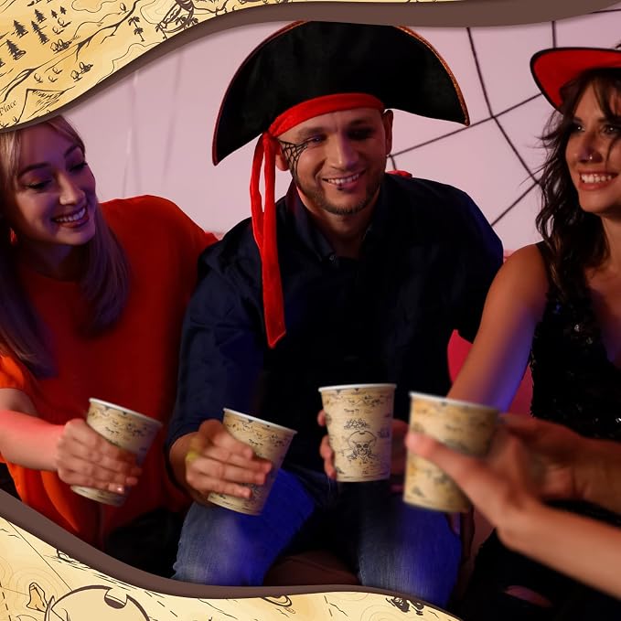 Funtery 100 Pcs Paper Drinking Cups, 9 oz Party Favor Supplies Decorations Disposable Drinking Cups for Western Theme Birthday Party Drinks Holidays Dinner(Retro Pirate)