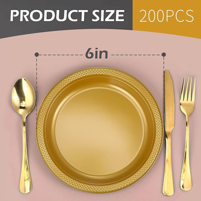 Zopeal 500 Pcs Gold Plastic Dessert Plates 6 Inch Round Gold Disposable Plates Heavy Duty Wedding Dinner Tableware for Birthday Party Dinner Picnic Salad, Appetizer Party Supplies