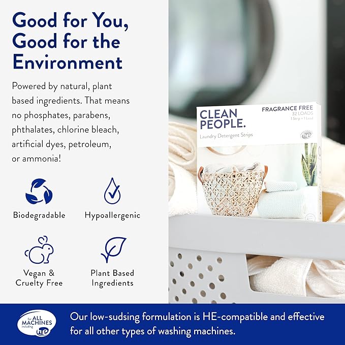 Clean People Ultra Concentrated Laundry Detergent Strips Fragrance Free & 100% New Zealand Wool Dryer Balls - 3 Pack - Plant-Based, Eco Friendly Laundry Detergent 32ct & Dryer Balls 3 Pack