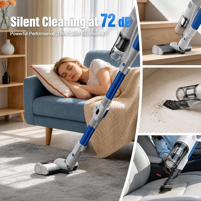 Cordless Stick Vacuum Cleaner, Powerful Suction Anti-Tangle Brush Vacuum with LED Headlight, Lightweight Vacuum Cleaner for Hardwood Floor Carpet Pet Hair (Blue)
