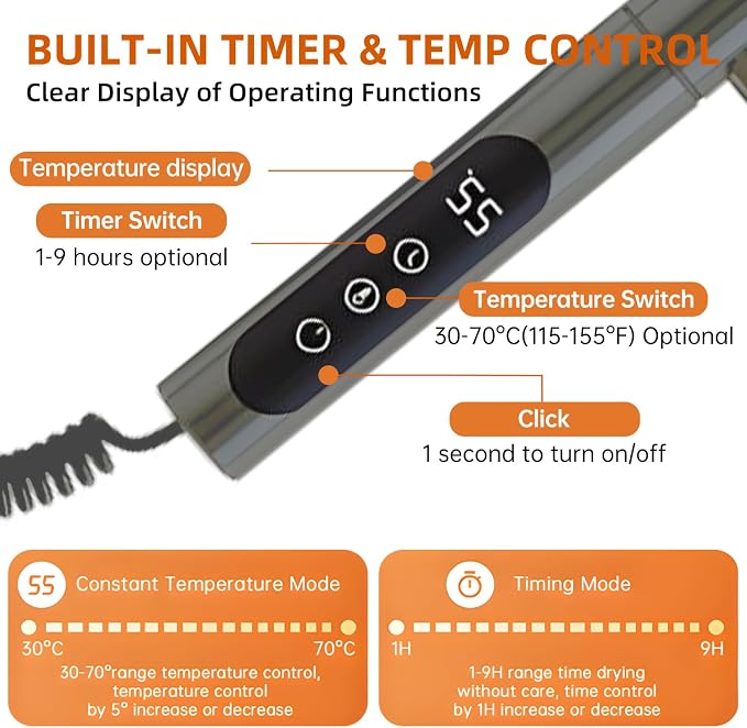 Rotatable Heated Towel Warmer,Plug-in/Hard-Wired Wall Mounted Electric Towel Warmer with Timer and Multi-Stage Temperature Regulation 2-3 Minutes to 131°F (Grey)