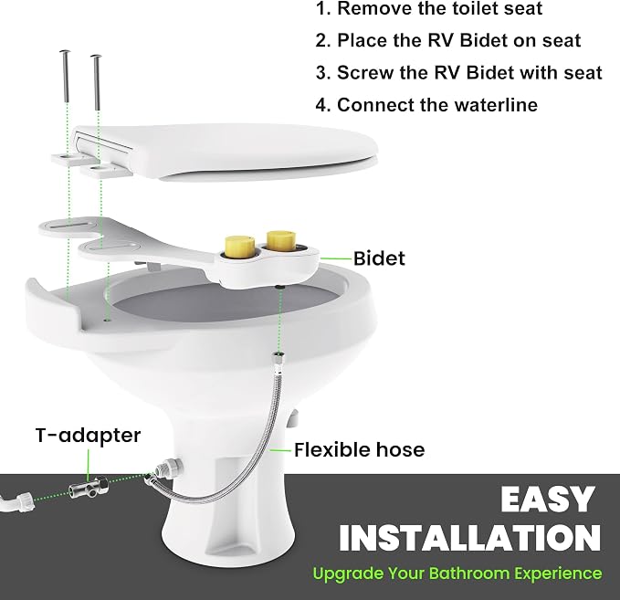 RV Bidet for Camper Toilet, Non-Electric Toilet Sprayer Attachment with Dual Nozzles, Adjustable Pressure, Front/Rear/Self Cleaning, Upgrade for Trailer, Motorhome, Camper, RV Bathroom (Black Base)