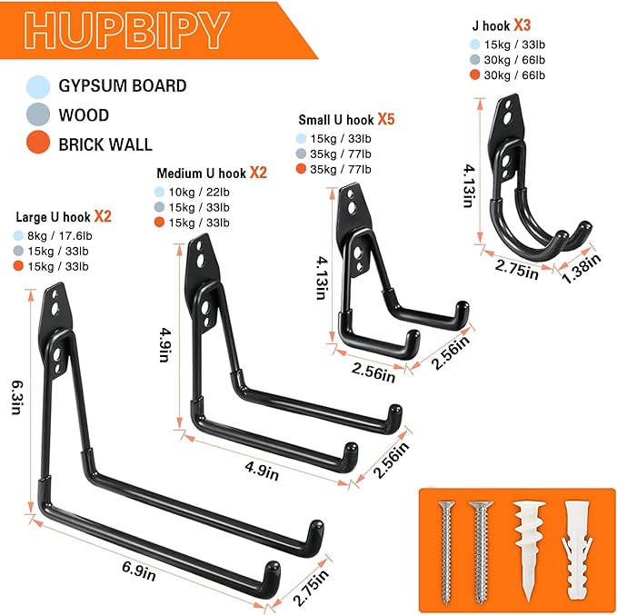 HUPBIPY 12 Pack Garage Hooks Heavy Duty Utility Steel with Anti-Slip Coating Wall Mount Storage Organizer for Hanging Power and Garden Tools, Ladders, Hose, Bikes, Ropes, Bulk Items, and More