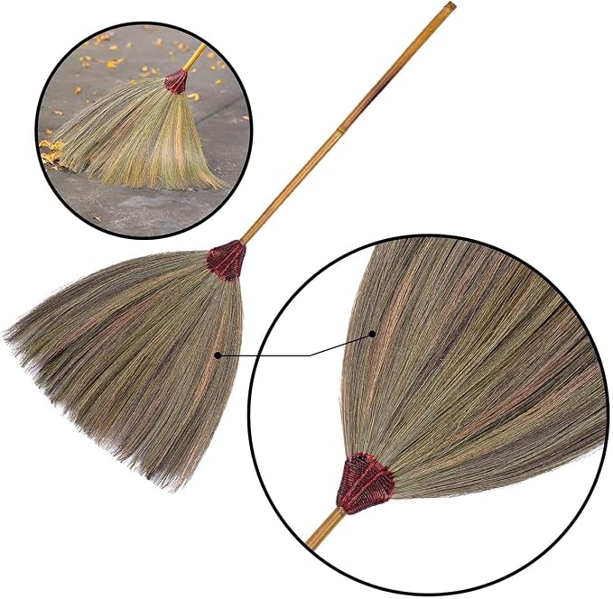 SKENNOVA - Overall Length 39-40 inch of Old Traditional Authentic Natural Grass Broom Bamboo Stick Handle