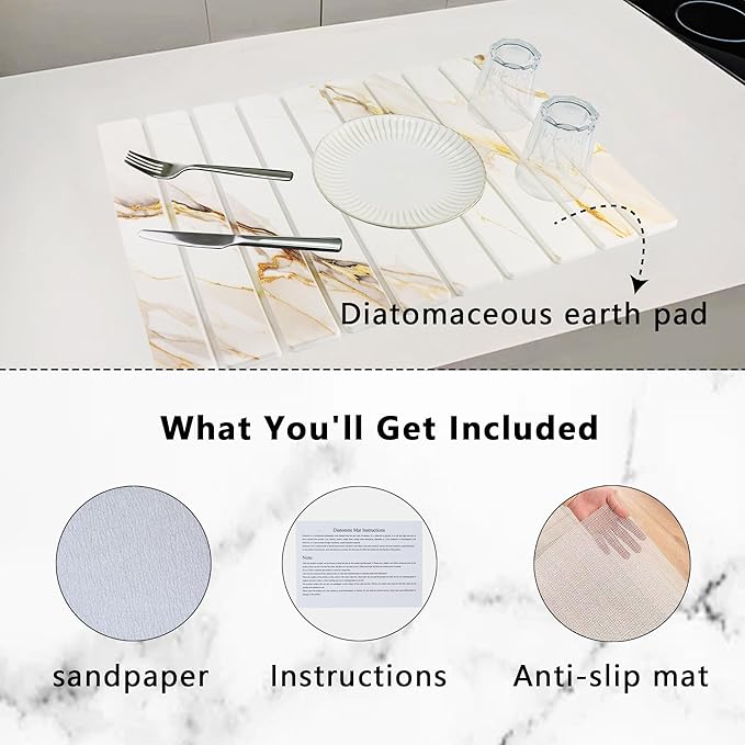 Large Stone Drying Mat for Kitchen Counter Diatomaceous Earth Collapsible 24”（L）*16”（W）Super Heat Resistant Mats, Quick Absorbent Dish Drying Rack（Gold marble）
