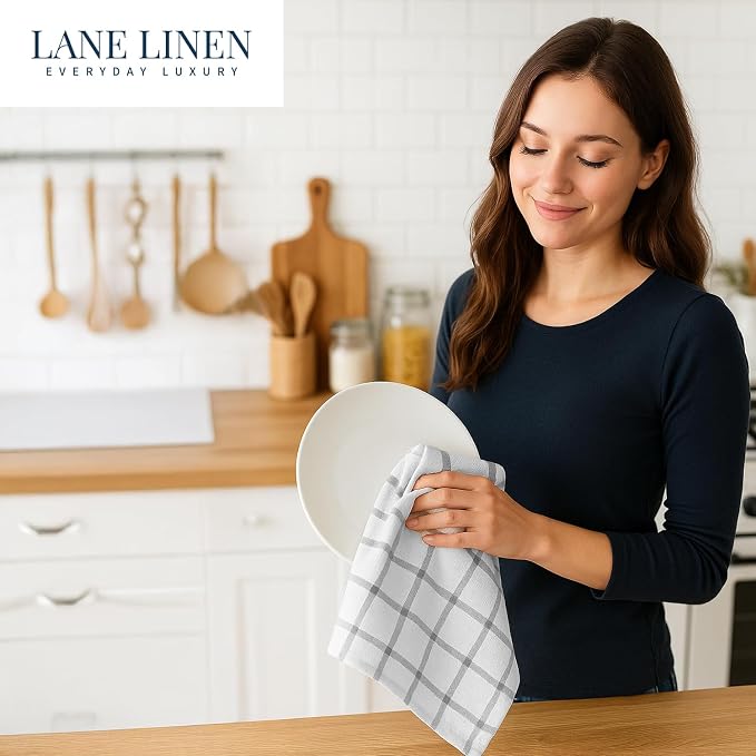 LANE LINEN Cotton Kitchen Towels and Dish Cloths Set, 6-Pack – Absorbent, Quick-Drying Dish Towel, 18" x 28", Soft, Premium Hand and Tea Towels - Grey