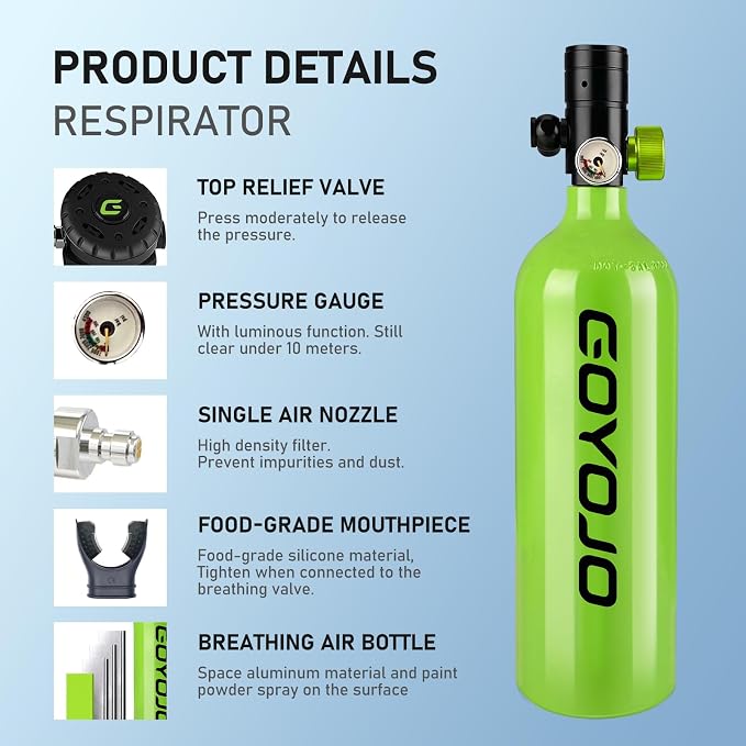 GOYOJO Mini Scuba Tank, Portable Diving Lung Air Tank with DOT Certified, Refillable Emergency Backup Pony Bottle for Snorkeling, Underwater Breathing, Training