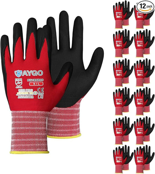 Safety Work Gloves MicroFoam Nitrile Coated-12 Pairs,KAYGO KG18NB,Seamless Knit Nylon Glove with Black Micro-Foam Nitrile Grip,Ideal for General Purpose,Automotive,Home Improvement,Red