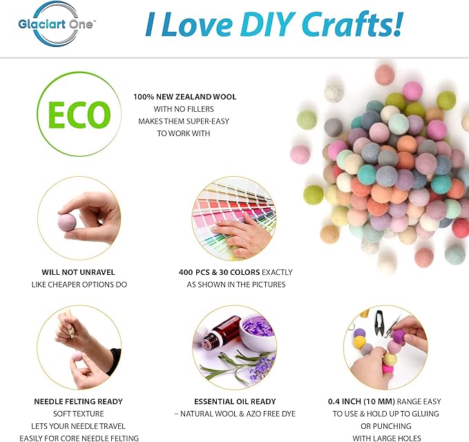 Glaciart One Felt Pom Poms, Wool Felt Balls (400 Pieces) 1 cm – 0.4 Inch, Handmade Felted 30 Pastel Colors (Green, Pink, Blue, Yellow and More) Bulk Small Puff for Felting and Garland