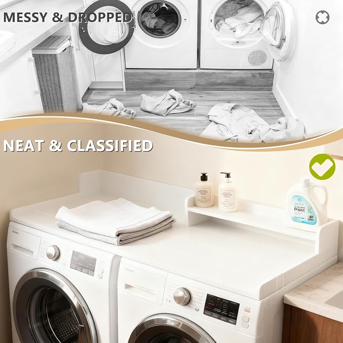 Washer Dryer Countertop, HDPE Laundry Countertop with Storage Shelf and Edge Rails-White