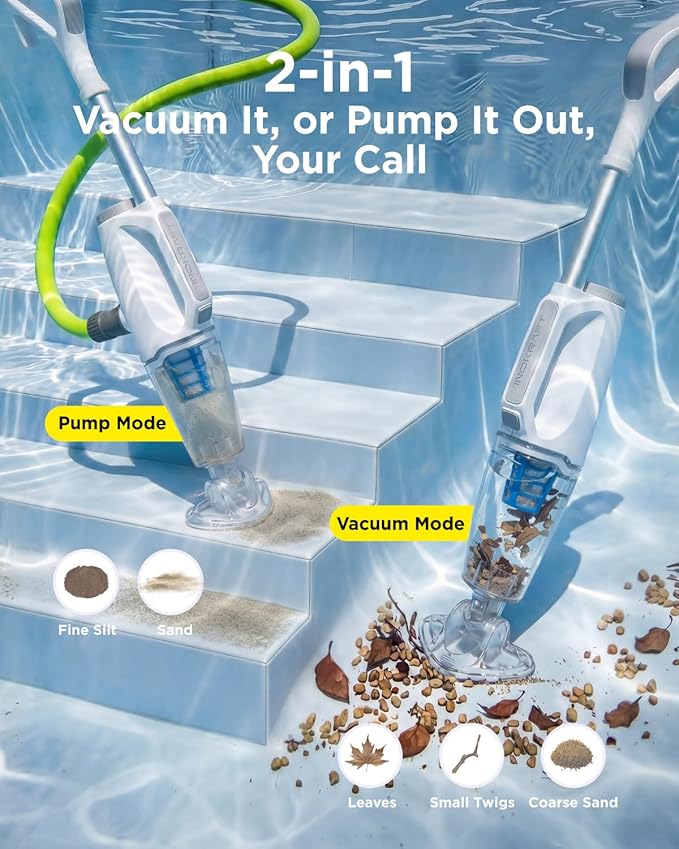 InoKraft 2-in-1 Cordless Handheld Pool Vacuum & Hot Tub Cleaner, Swap-On Replaceable Battery, High Suction for Above Ground Pools, Spa Vacuum with Stick Pump Drain Mode for Silt & Sand