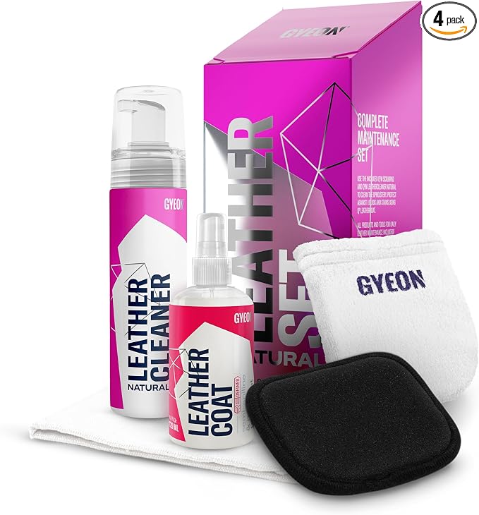 Gyeon LeatherSet Natural automotive leather cleaning coating kit pre‑cleaner plus leather sealant protection Liquid for car seats interiors hydrophobic ceramic sheen prep & maintain, Interior Use