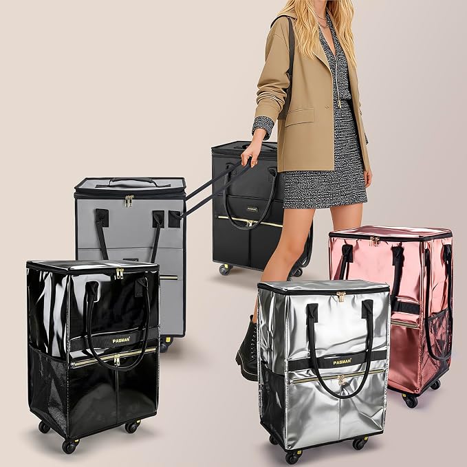 Reusable Grocery Bag on Wheels, Foldable Rolling Duffle Bag, Carry on Luggage Bag with Handle and Zipper Cover for Travel, Lightweight Rolling Tote Shopping Carts (Matte-Pink, Small_41L)