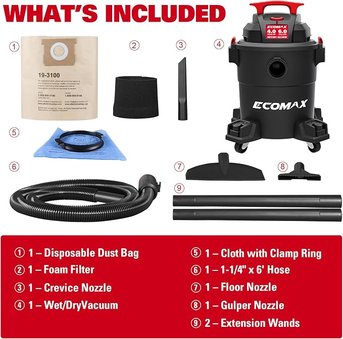 ECOMAX Wet Dry Vacuum 6 Gallon, 4 HP 85 CFM 3-in-1 Shop Vac with Suction/Blow/Wet Dry Function, Heavy-Duty Portable Poly Wet/Dry Vac Car Vacuum for Workshop, Jobsite, Garage and Home Cleaning