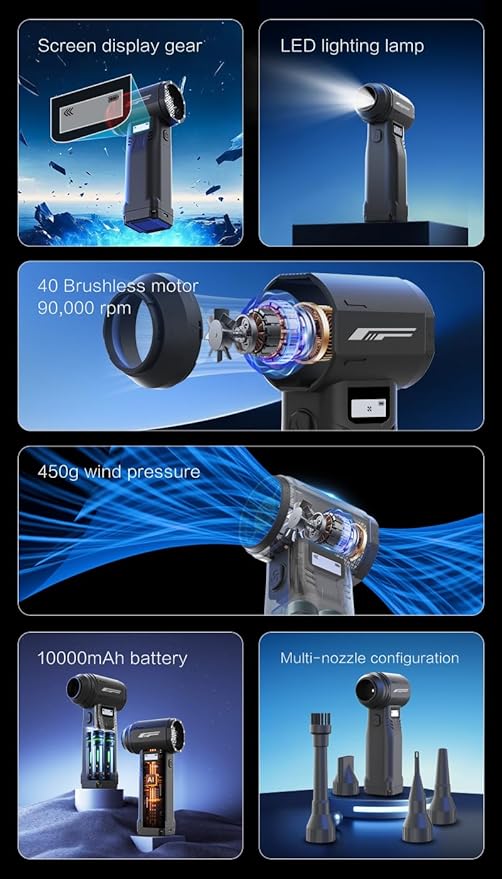Cordless Electric Air Duster for Computer Cleaning - 550g RPM Super Power Blower with 10000mAh Battery, 9-Speed + Turbo, USB-C Rechargeable - Keyboard, PC, Laptop, Electronics, Car Interior, Pet Hair