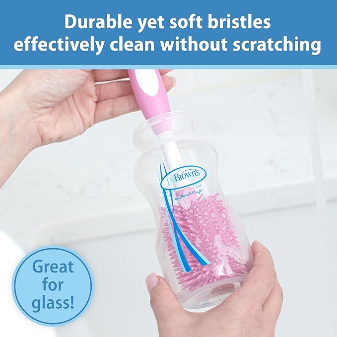 Dr. Brown's Soft Touch No Scratch Baby Bottle Cleaning Brush, Nipple Cleaner and Suction Cup Base for Easy Storage, BPA-Free, Pink, 4-Pack