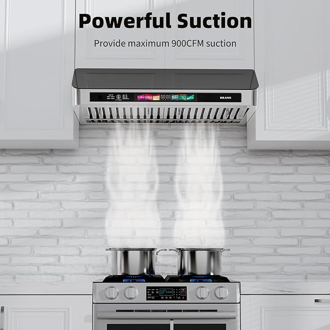 BRANO Under Cabinet Range Hood 30 Inch with Voice/Gesture/Touch Control, 900 CFM Kitchen Hood Vent with 4-Speed Exhaust Fan, Memory Mode, Adjustable Lights, Baffle Filters