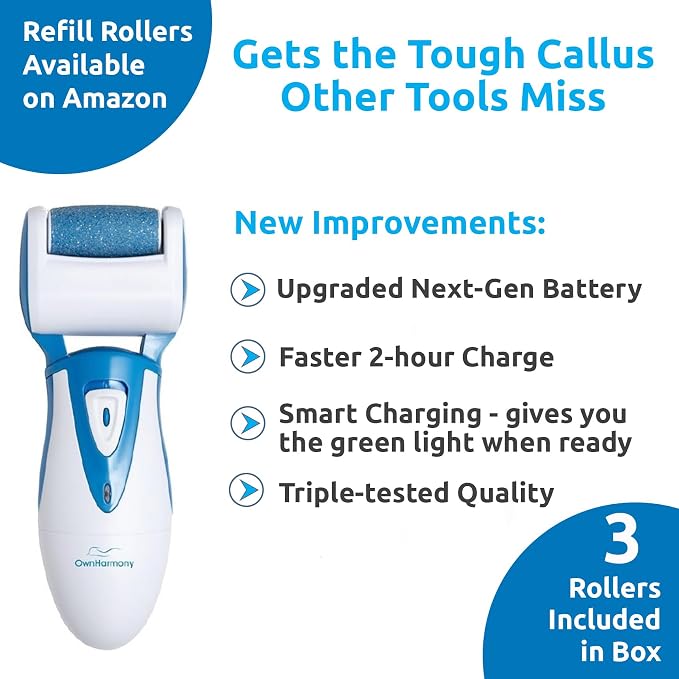 Electric Callus Remover: Rechargeable Electronic Foot File CR900 by Own Harmony (Powerful Motor) Best Pedicure Tools w 3 Rollers Professional Pedi Feet Care Sander for Cracked Heels and Hard Skin
