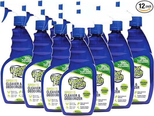 Vapor Fresh Sports Cleaner and Deodorizer - For Boxing Gloves, Sports Pads, Helmets, Gym Bags, Gym Equipment and More - Naturally Powered By Plants, 16 Fl Oz (12-Pack)