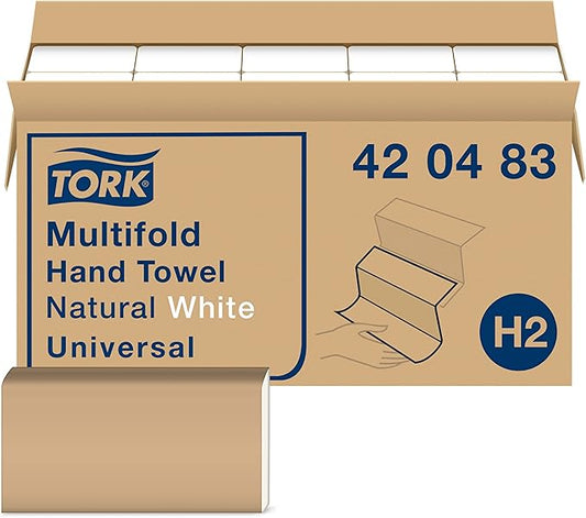 Tork Multifold Hand Towel, Natural White, H2, Universal, 3-Panel, Disposable, 100% Recycled Fibers, 1-Ply, 16 x 250 Sheets, 420483