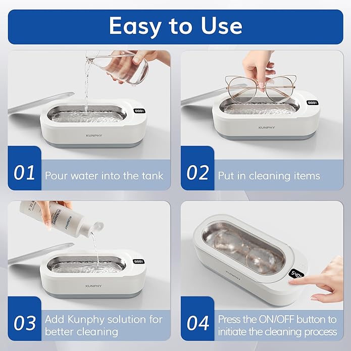 Upgraded KUNPHY Ultrasonic Jewelry Cleaner with 300ml Solution, 48KHZ, 12OZ Capacity, Ultrasonic Cleaner with 3 Digital Timer, Touch Control, Idea for Jewelry, Eyeglass, Rings, Diamond