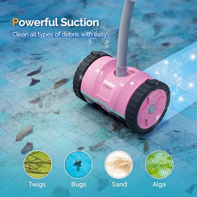 VINGLI Automatic Pool Cleaner for Inground Pools – Suction-Side Pool Vacuum with Powerful Wall-Climbing, 40FT Tangle-Free Hose, Ultra-Quiet Operation – Comfort Pink & Gray