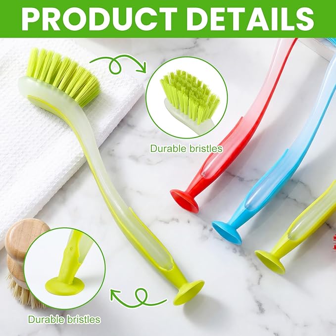 Boao 20 Pieces Long Dish Brush with Handle Assorted Color Dishwashing Brush with Suction Cup Multipurpose Cleaning Tool for Kitchen, Toilet, Etc
