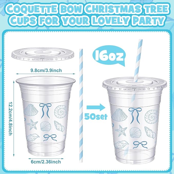 Sliner 50 Pcs 16 oz Coquette Disposable Plastic Cups with Straw for Party Supplies Bow Cups Birthday Wedding Bridal Engagement Party Drinkware Baby Shower Decoration (Blue Bow Starfish and Seashell)