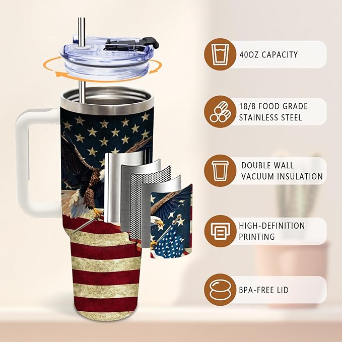 DUUV American Flag Tumbler 40 Oz, Eagle Gifts for Men on Birthday, US 250th Anniversary, Independence Day, Fathers Day, Patriotic Travel Mug for Men Dad Grandpa, Stainless Steel Insulated Mug, 1PCS