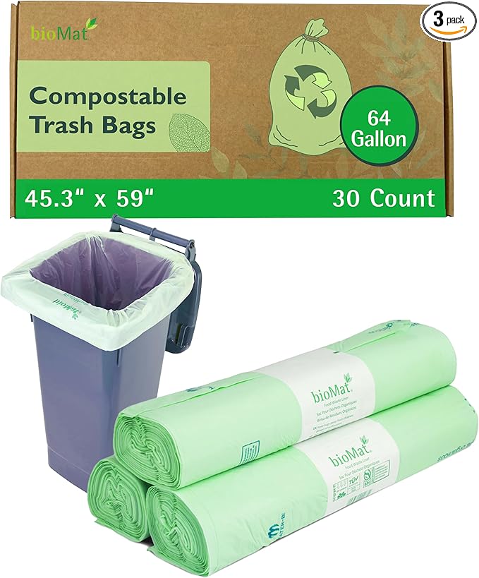 bioMat Compostable Trash Bags 64 Gallon, 30 Count, Extra Large flat top Kitchen Food Scrap Bin Liners, BPI, CMA and OK Compost HOME certified, Meets the ASTM D6400 Standard