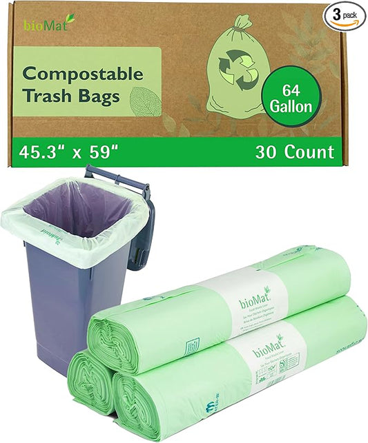 bioMat Compostable Trash Bags 64 Gallon, 30 Count, Extra Large flat top Kitchen Food Scrap Bin Liners, BPI, CMA and OK Compost HOME certified, Meets the ASTM D6400 Standard