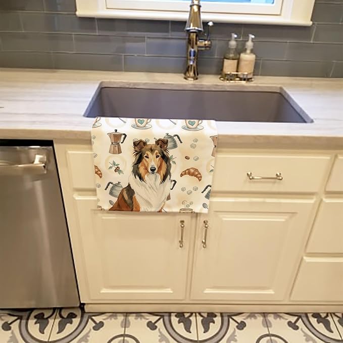 Caroline's Treasures Sable Collie Coffee Bar Kitchen Towel Velour Plush Front and Cotton Loop Back Machine Washable
