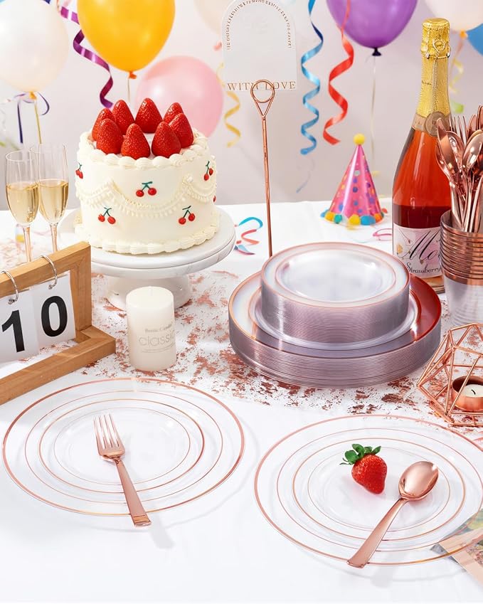 GATHER 700PCS Rose Gold Plastic Plates - Clear Rose Gold Rim Disposable Dinnerware Set Includes 200 Plates, 300 Silverware, 100 Napkins, 100 Cups for Party & Wedding