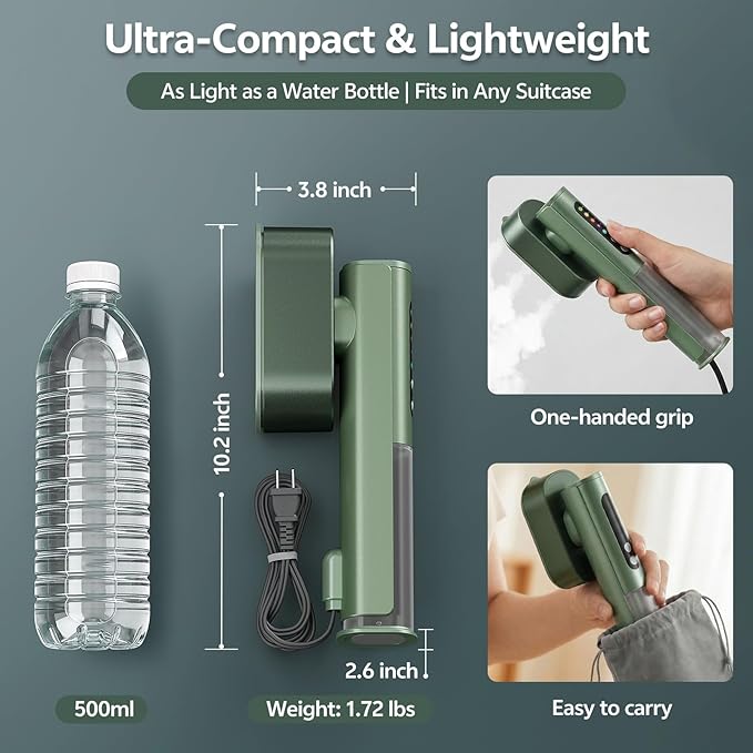 Travel Steamer for Clothes, Dual Voltage 100-240V Portable Garment Steamer, 2-in-1 Steamer & Iron, 15s Fast Heat-Up Quick Wrinkle Removal, Compact Steamer for Travel & Home (Green)